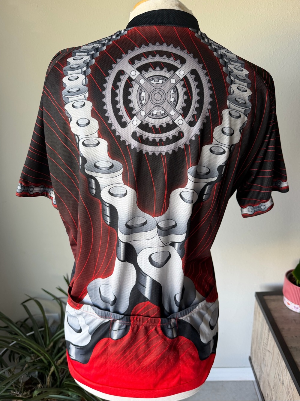 Men's Red and Black Cycling Jersey with Chainring Graphic